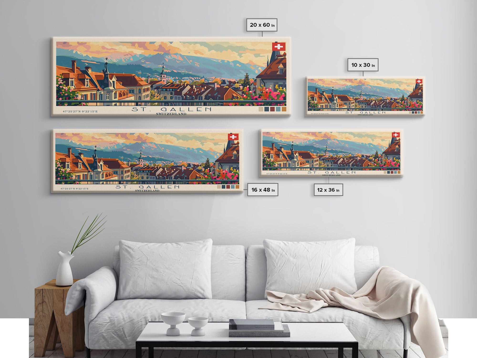 St. Gallen Switzerland Panoramic Travel Poster, Framed Canvas Print or Metal Wall Art, Travel Art, Home Decor, Panoramic Painting, Midcentury Art