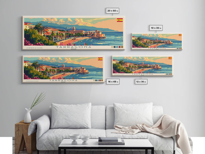 Tarragona Spain Panoramic Travel Poster, Framed Canvas Print or Metal Wall Art, Travel Art, Home Decor, Panoramic Painting, Midcentury Art