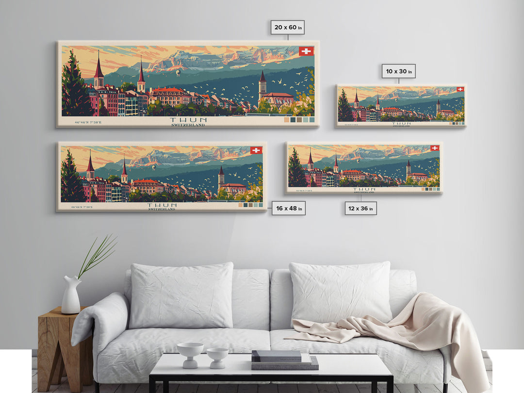 Thun Switzerland Panoramic Travel Poster, Framed Canvas Print or Metal Wall Art, Travel Art, Home Decor, Panoramic Painting, Midcentury Art