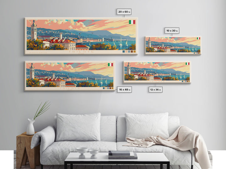 Trieste Italy Panoramic Travel Poster, Framed Canvas Print or Metal Wall Art, Travel Art, Home Decor, Panoramic Painting, Midcentury Art