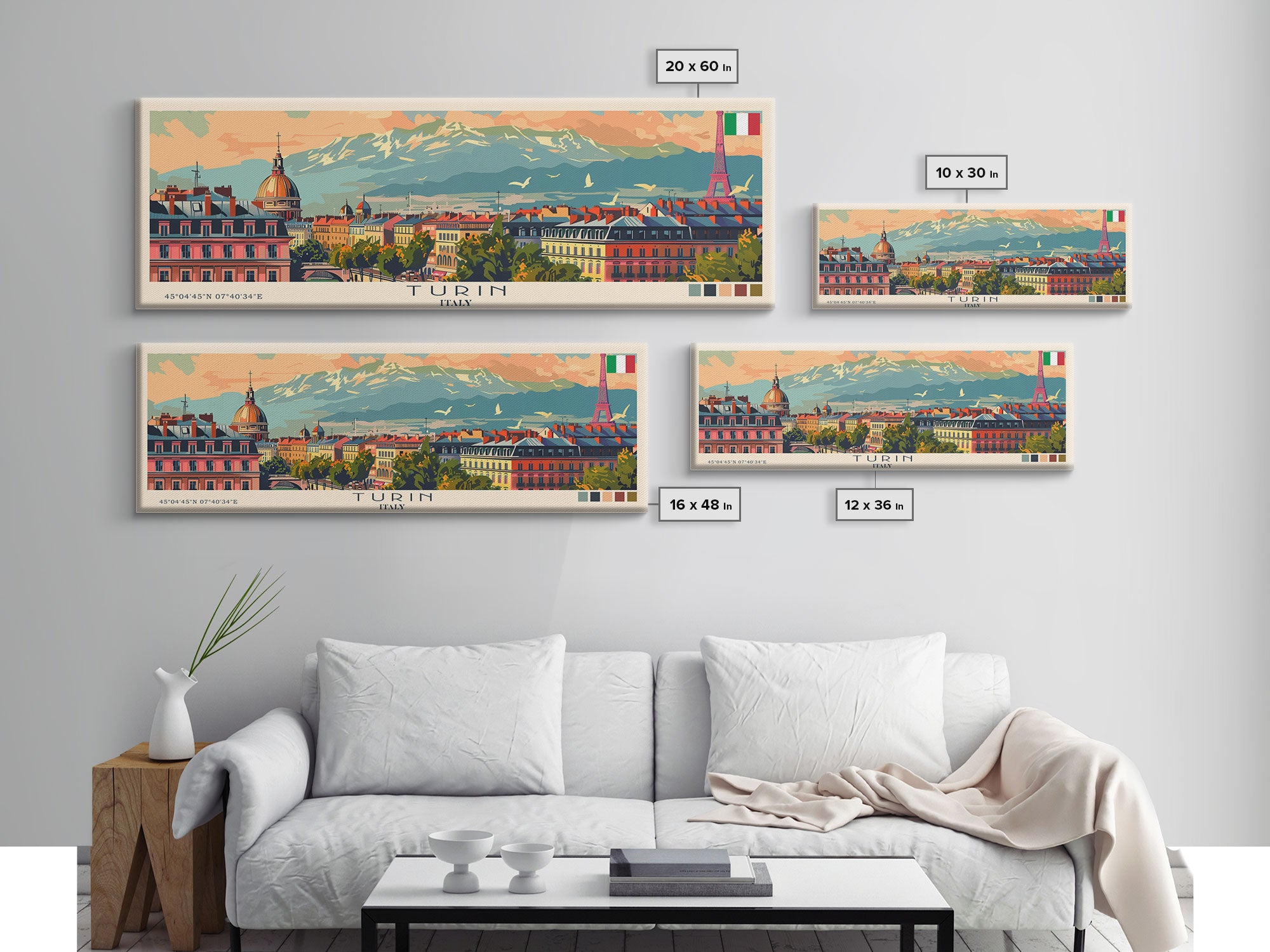 Turin Italy Panoramic Travel Poster, Framed Canvas Print or Metal Wall Art, Travel Art, Home Decor, Panoramic Painting, Midcentury Art