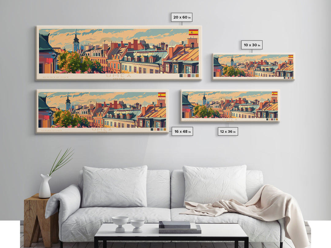 Ume Sweden Panoramic Travel Poster, Framed Canvas Print or Metal Wall Art, Travel Art, Home Decor, Panoramic Painting, Midcentury Art