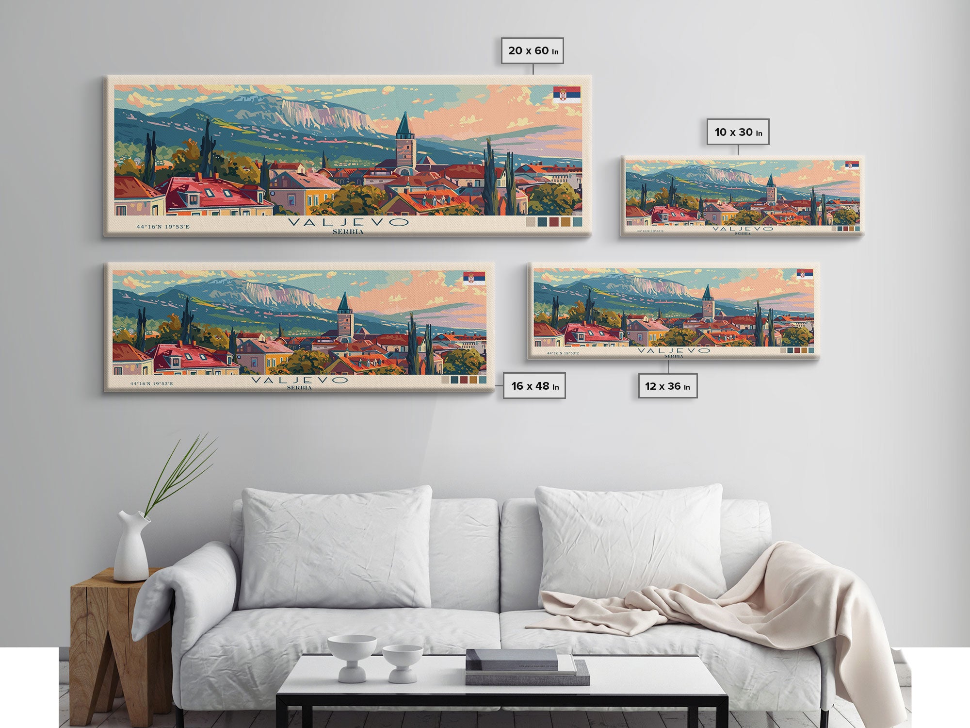 Valjevo Serbia Panoramic Travel Poster, Framed Canvas Print or Metal Wall Art, Travel Art, Home Decor, Panoramic Painting, Midcentury Art