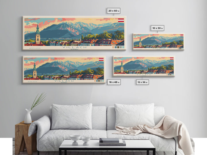 Villach Austria Travel Art, City Art, Framed Canvas Print or Metal Wall Art, Europe Travel Poster, Panoramic Wall Art, Extra Wide Wall Art