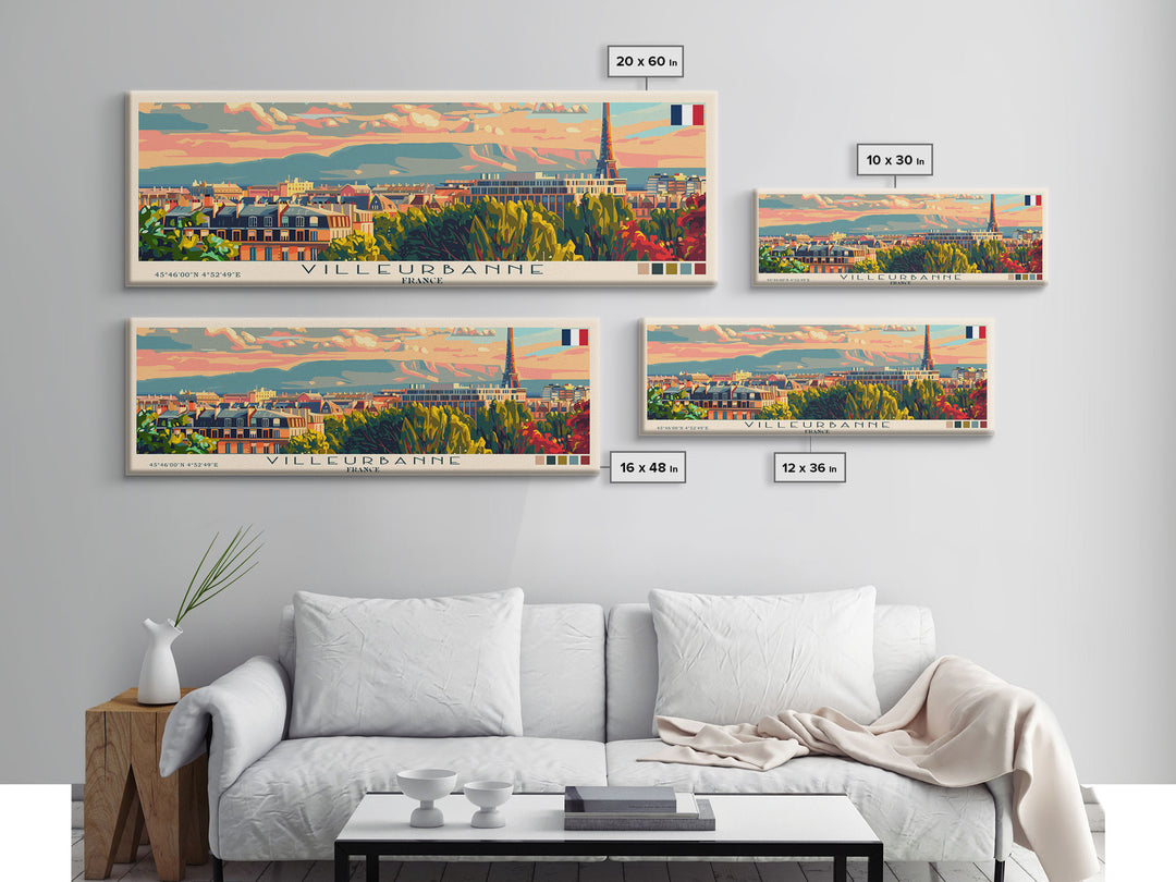 Villeurbanne France Panoramic Travel Poster, Framed Canvas Print or Metal Wall Art, Travel Art, Home Decor, Panoramic Painting, Midcentury Art