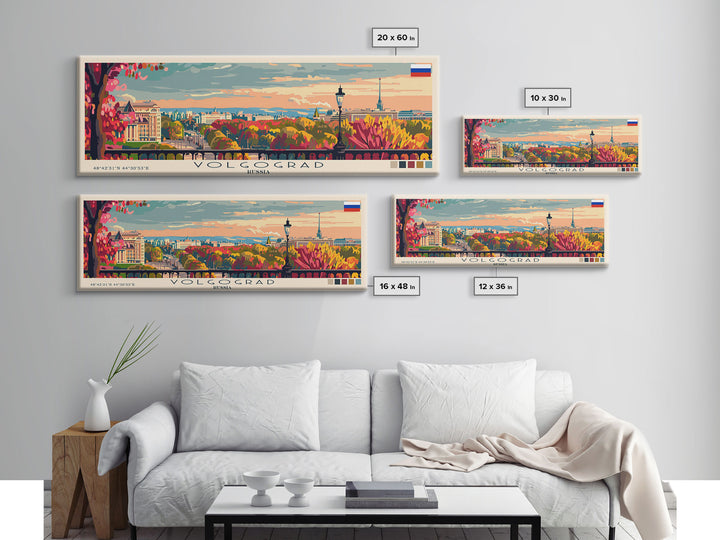 Volgograd Russia Panoramic Travel Poster, Framed Canvas Print or Metal Wall Art, Travel Art, Home Decor, Panoramic Painting, Midcentury Art