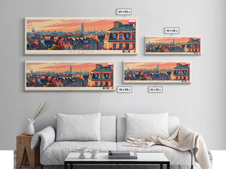 Warsaw Poland Travel Art, City Art, Framed Canvas Print or Metal Wall Art, Europe Travel Poster, Panoramic Wall Art, Extra Wide Wall Art