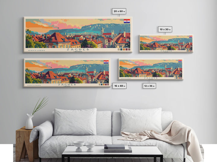 Zagreb Croatia Travel Art, City Art, Framed Canvas Print or Metal Wall Art, Europe Travel Poster, Panoramic Wall Art, Extra Wide Wall Art