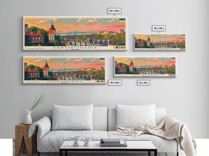 Zaporizhzhia Ukraine Panoramic Travel Poster, Framed Canvas Print or Metal Wall Art, Travel Art, Home Decor, Panoramic Painting, Midcentury Art