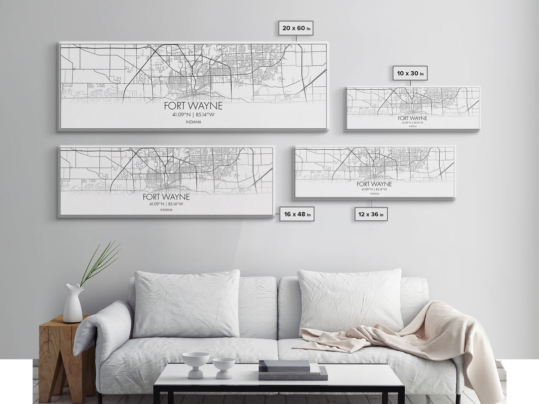 Panoramic Fort Wayne City Map, Indiana Art, Map Print, Minimalist Wall Art, Canvas Art, Housewarming Gift, Street Map Art, Closing Gift