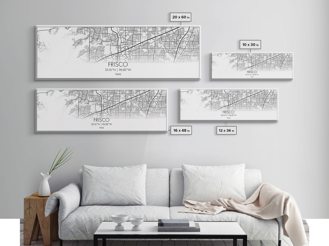 Panoramic Frisco City Map, Texas Art, Map Print, Minimalist Wall Art, Canvas Art, Housewarming Gift, Street Map Art, Closing Gift