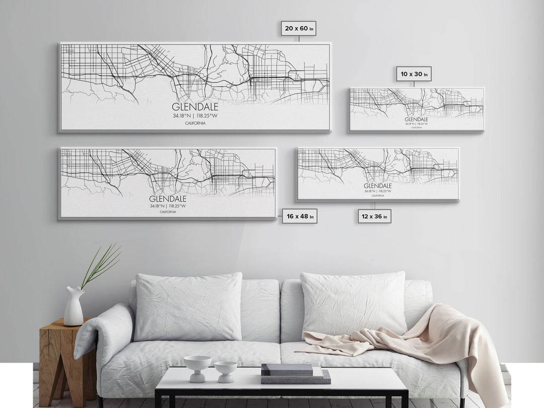 Panoramic Glendale City Map, California Art, Map Print, Minimalist Wall Art, Canvas Art, Housewarming Gift, Street Map Art, Closing Gift