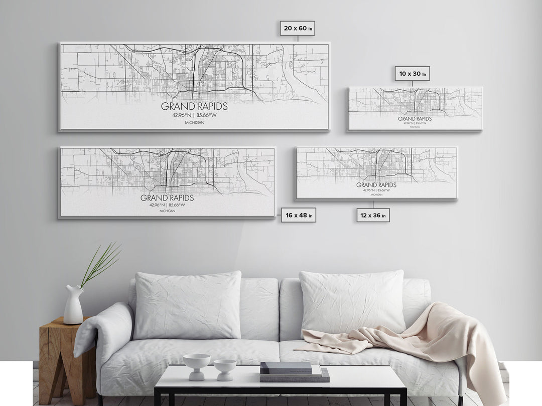 Panoramic Grand Rapids City Map, Michigan Art, Map Print, Minimalist Wall Art, Canvas Art, Housewarming Gift, Street Map Art, Closing Gift