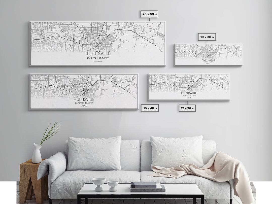 Panoramic Huntsville City Map, Alabama Art, Map Print, Minimalist Wall Art, Canvas Art, Housewarming Gift, Street Map Art, Closing Gift