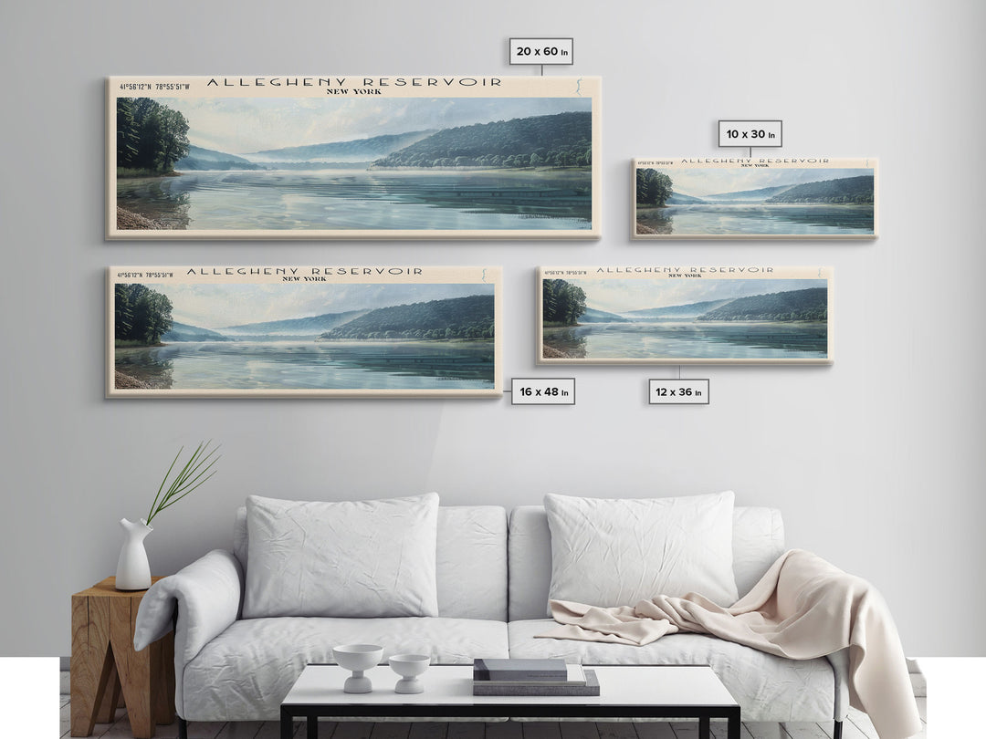 Allegheny Reservoir New York Panoramic Framed Canvas Print, Lake House Decor, Abstract Landscape, Travel Poster, Modern Wall Art, Calm Waters