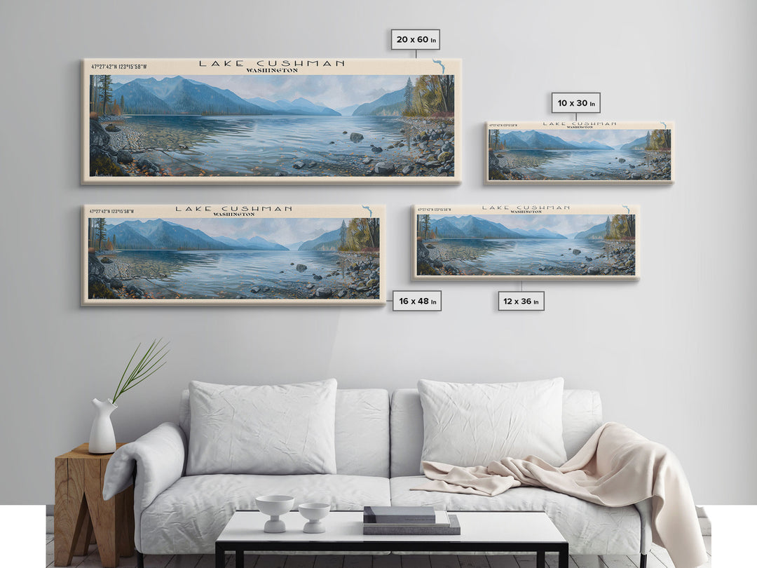 Lake Cushman Washington Framed Canvas Print, Lake House Decor, Panoramic Wall Art, Travel Poster, Stunning Lake Painting, Home Art