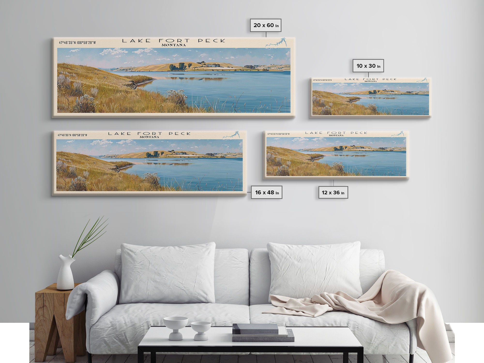 Lake Fort Peck Framed Canvas Print, Lake House Decor, Panoramic Wall Art, Travel Poster, Scenic Lake Painting, Nature Art