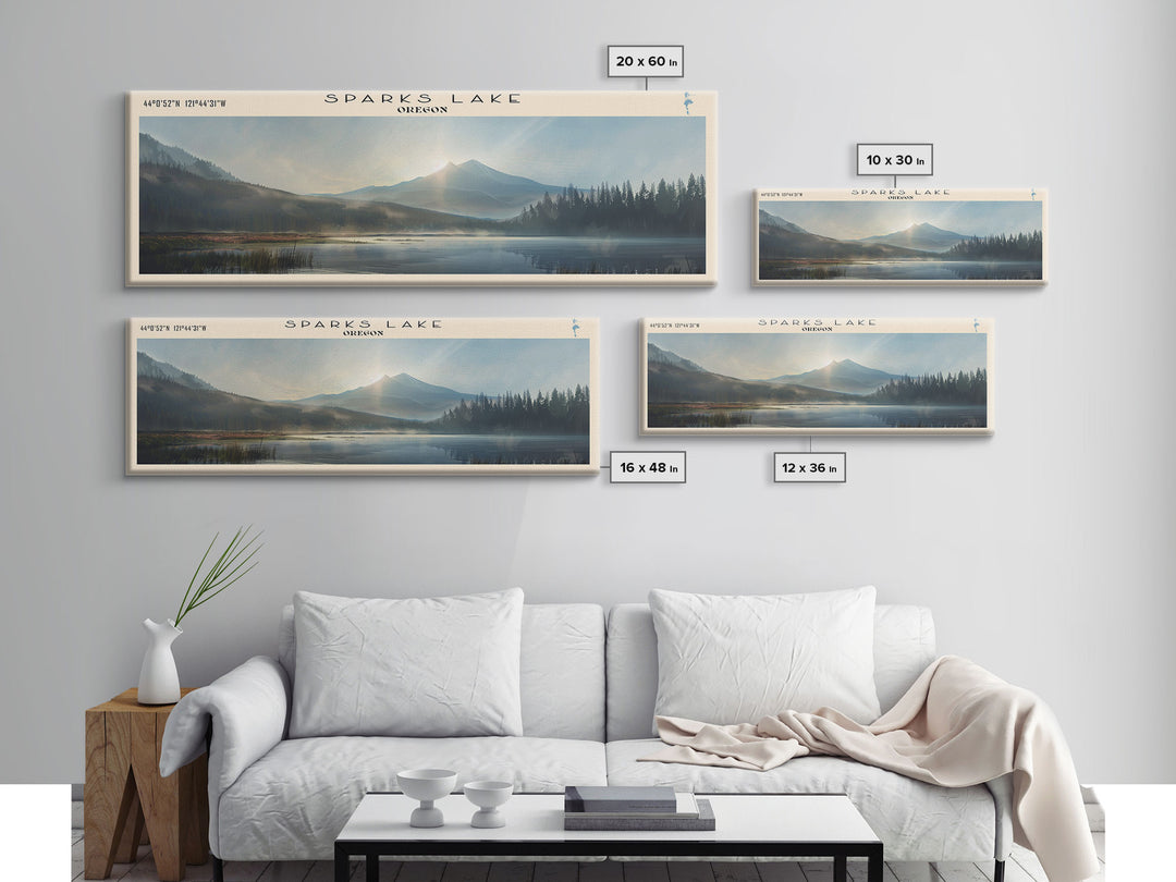 Sparks Lake Oregon Panoramic Framed Canvas Print, Lake House Decor, Wall Art, Travel Poster, Tranquil Landscape, Living Room Decor