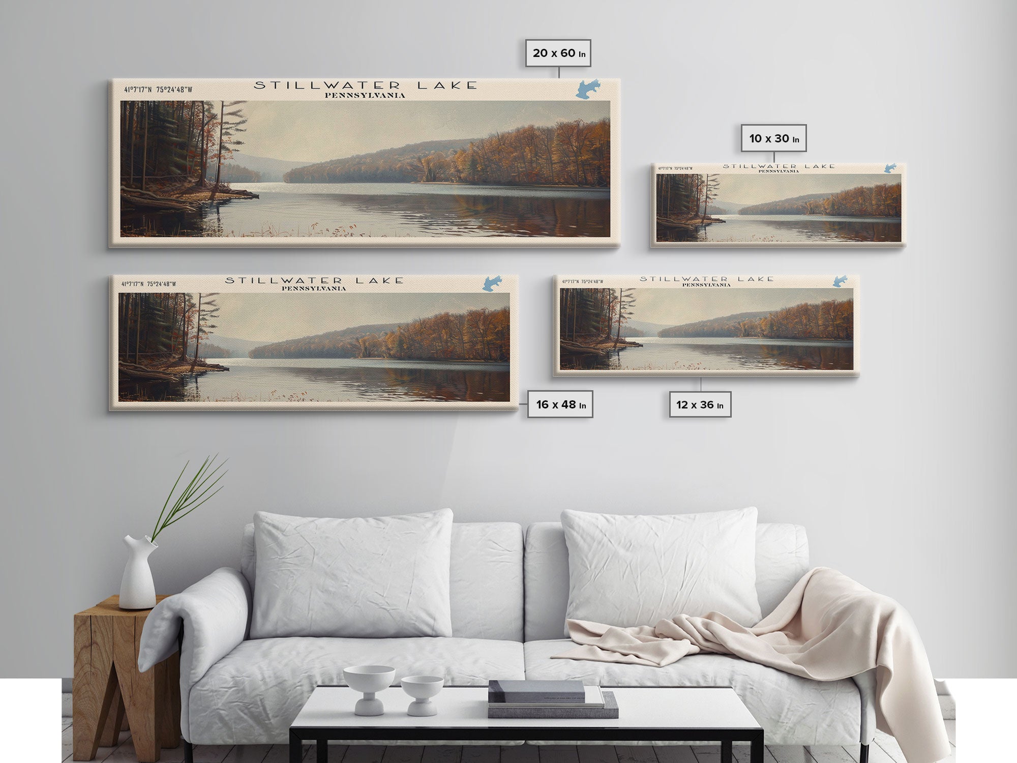 Stillwater Lake Pennsylvania Panoramic Framed Canvas Print, Lake House Decor, Wall Art, Travel Poster, Serene Lake Painting, Living Room Decor