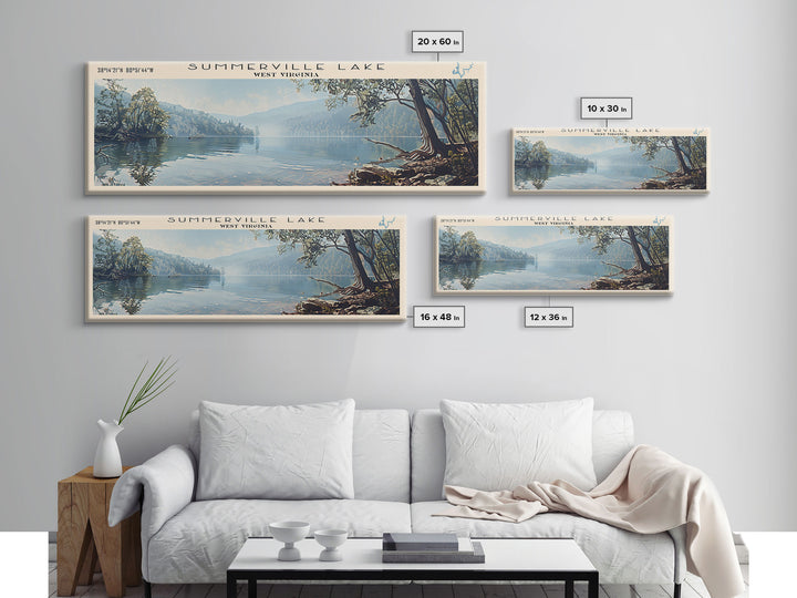 Summerville Lake West Virginia Panoramic Wall Art, Framed Canvas Print, Lake House Decor, Travel Poster, Scenic Lake Painting, Living Room Decor