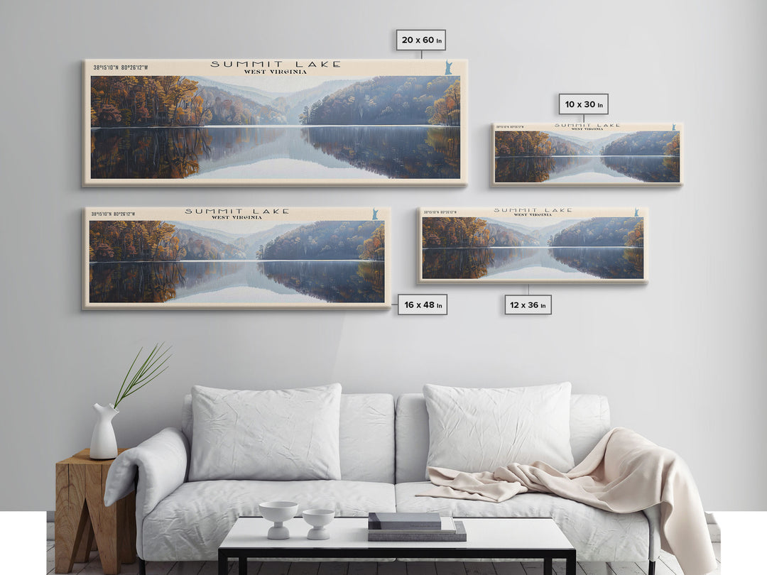 Summit Lake West Virginia Panoramic Wall Art, Framed Canvas Print, Lake House Decor, Travel Poster, Tranquil Landscape, Bedroom Decor