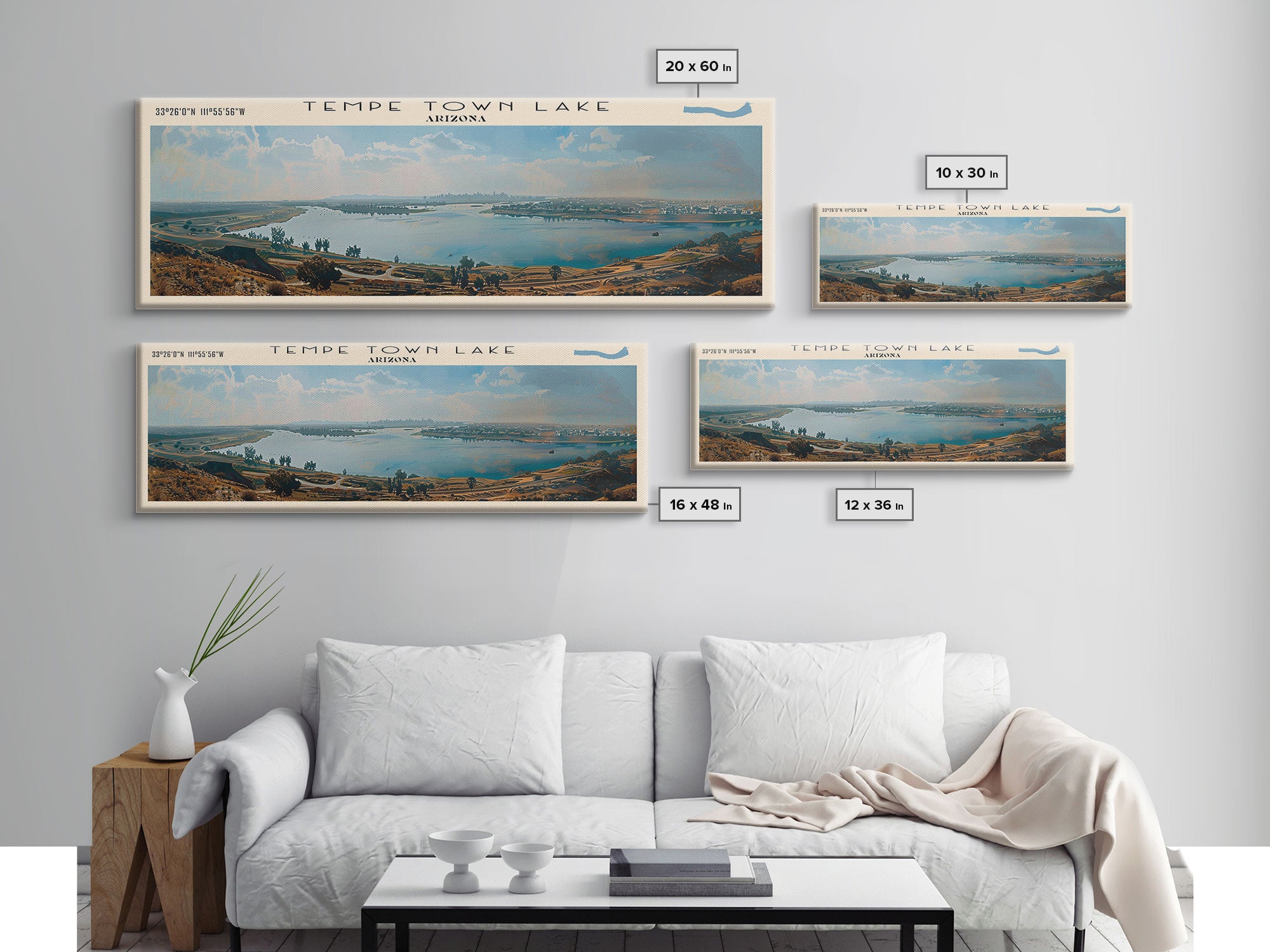 Tempe Town Lake Arizona Panoramic Wall Art, Framed Canvas Print, Lake House Decor, Travel Poster, Scenic Lake Scene, Living Room Decor, Bedroom Art