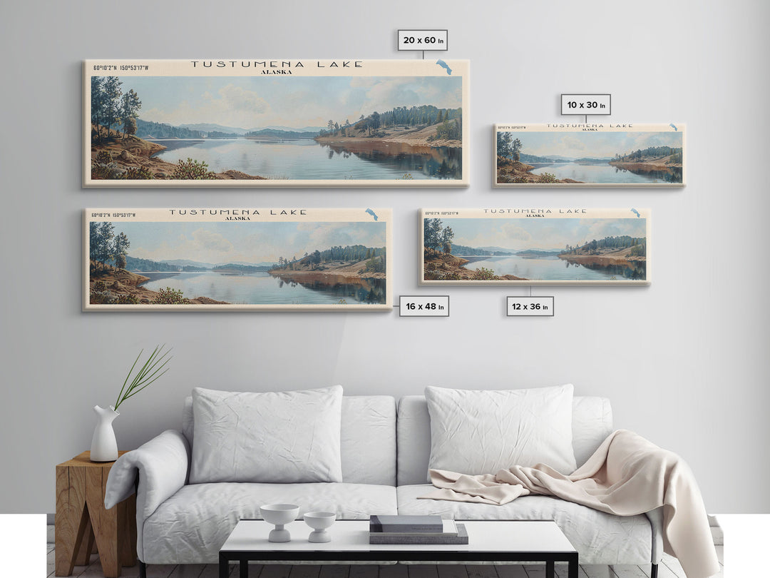 Tustumena Lake Panoramic Wall Art, Framed Canvas Print, Lake House Decor, Travel Poster, Scenic Lake Scene, Living Room Art