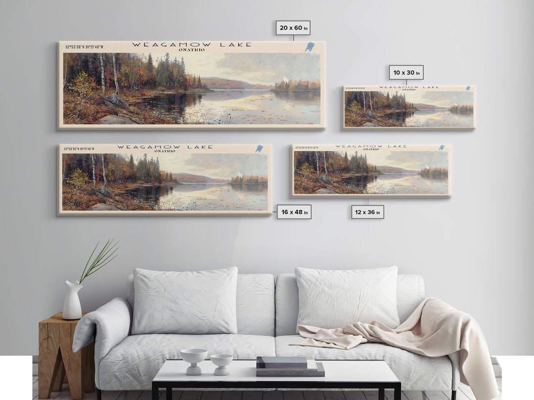 Weagamow Lake Panoramic Wall Art, Framed Canvas Print, Lake House Decor, Travel Poster, Scenic Lake Scene, Living Room Art