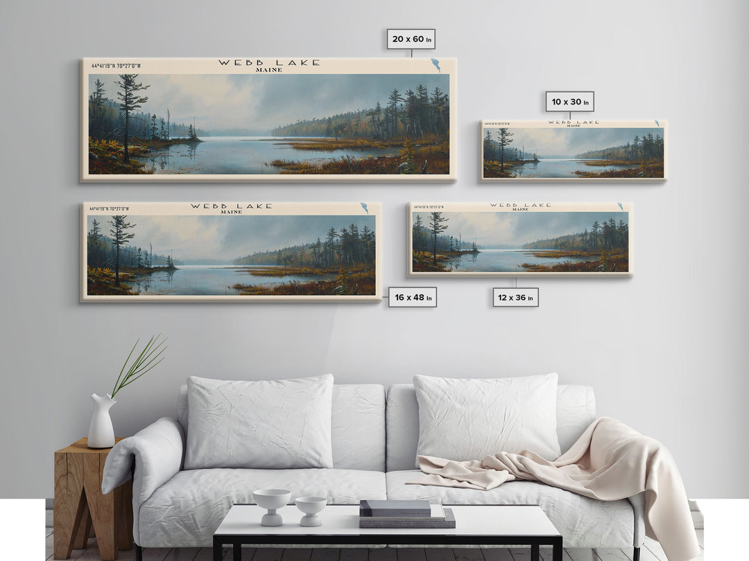 Webb Lake Maine Panoramic Wall Art, Framed Canvas Print, Lake House Decor, Travel Poster, Beautiful Lake Scene, Bedroom Decor