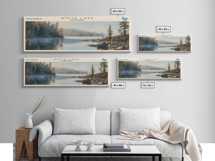 White Lake Panoramic Wall Art, Framed Canvas Print, Lake House Decor, Travel Poster, Scenic Lake Scene, Living Room Art