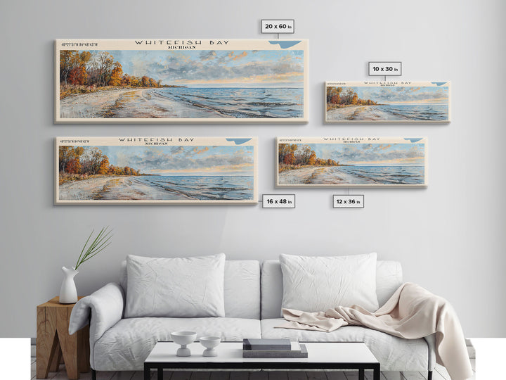 Whitefish Bay Panoramic Wall Art, Framed Canvas Print, Lake House Decor, Travel Poster, Serene Landscape, Home Art