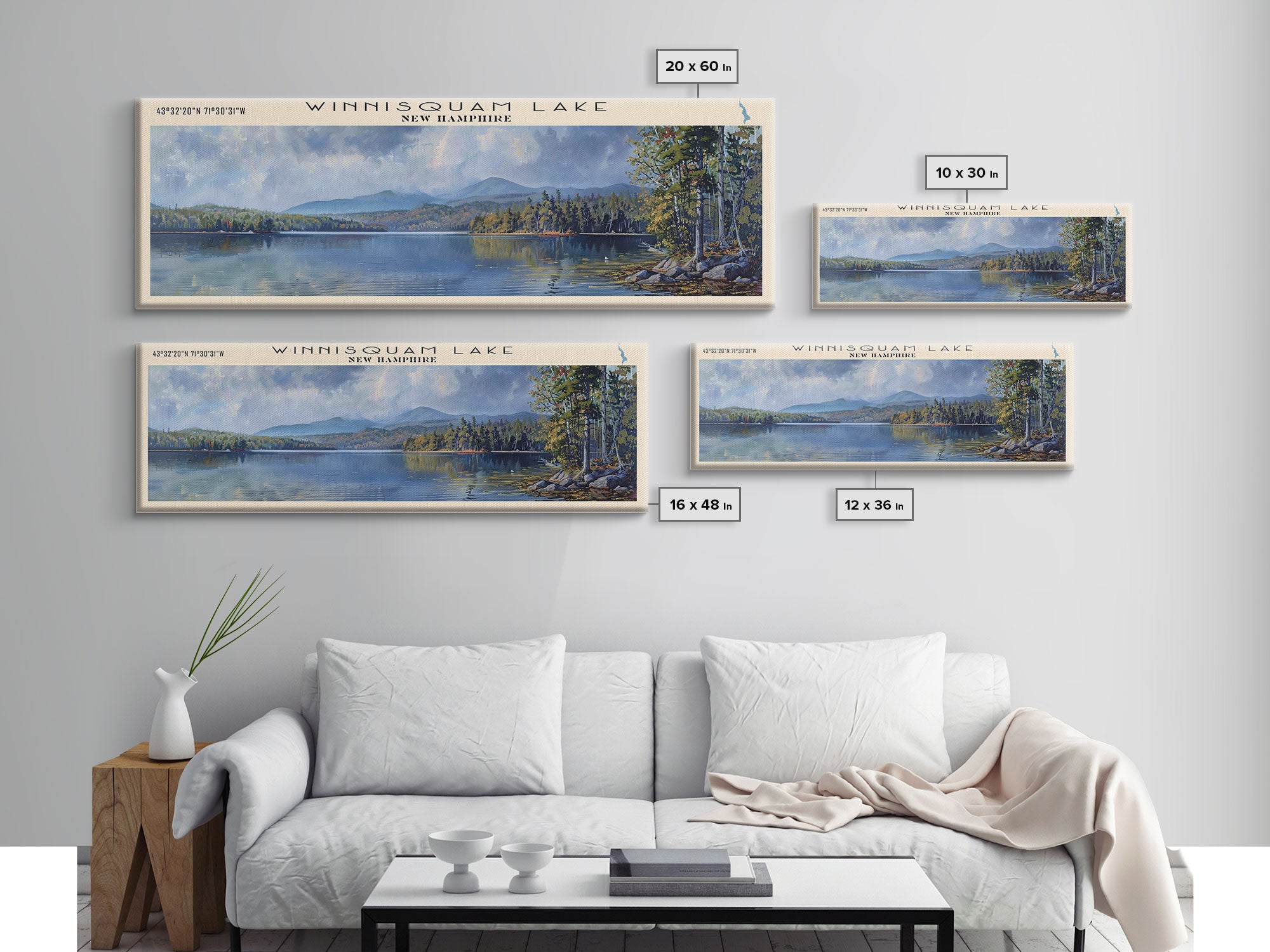 Winnisquam Lake New Hampshire Panoramic Wall Art, Framed Canvas Print, Lake House Decor, Travel Poster, Beautiful Lake Scene, Living Room Art