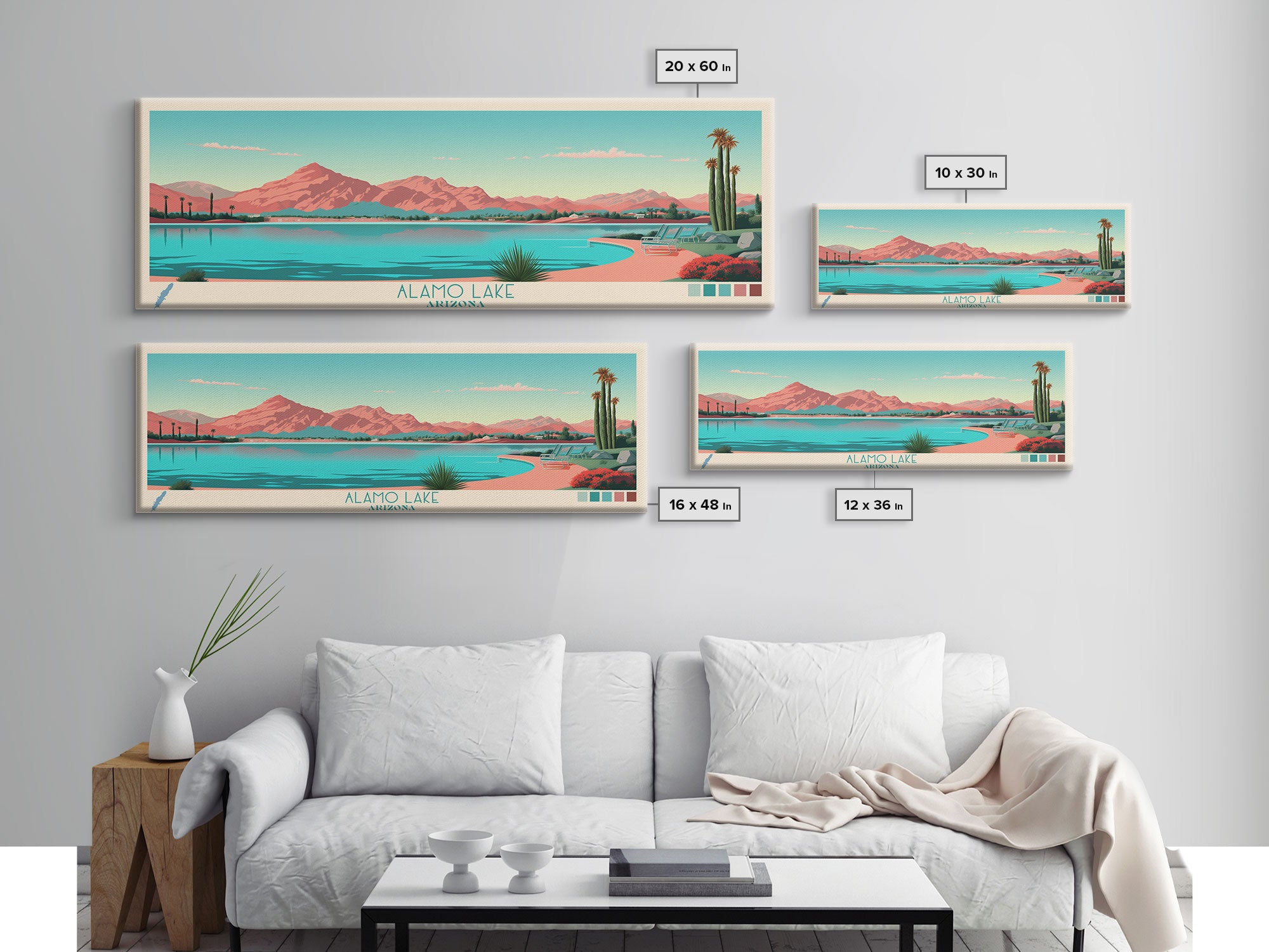 Alamo Lake Arizona Framed Canvas Print, Panoramic Travel Poster, Midcentury Modern Wall Art, Pop Art, Scenic Bedroom Art