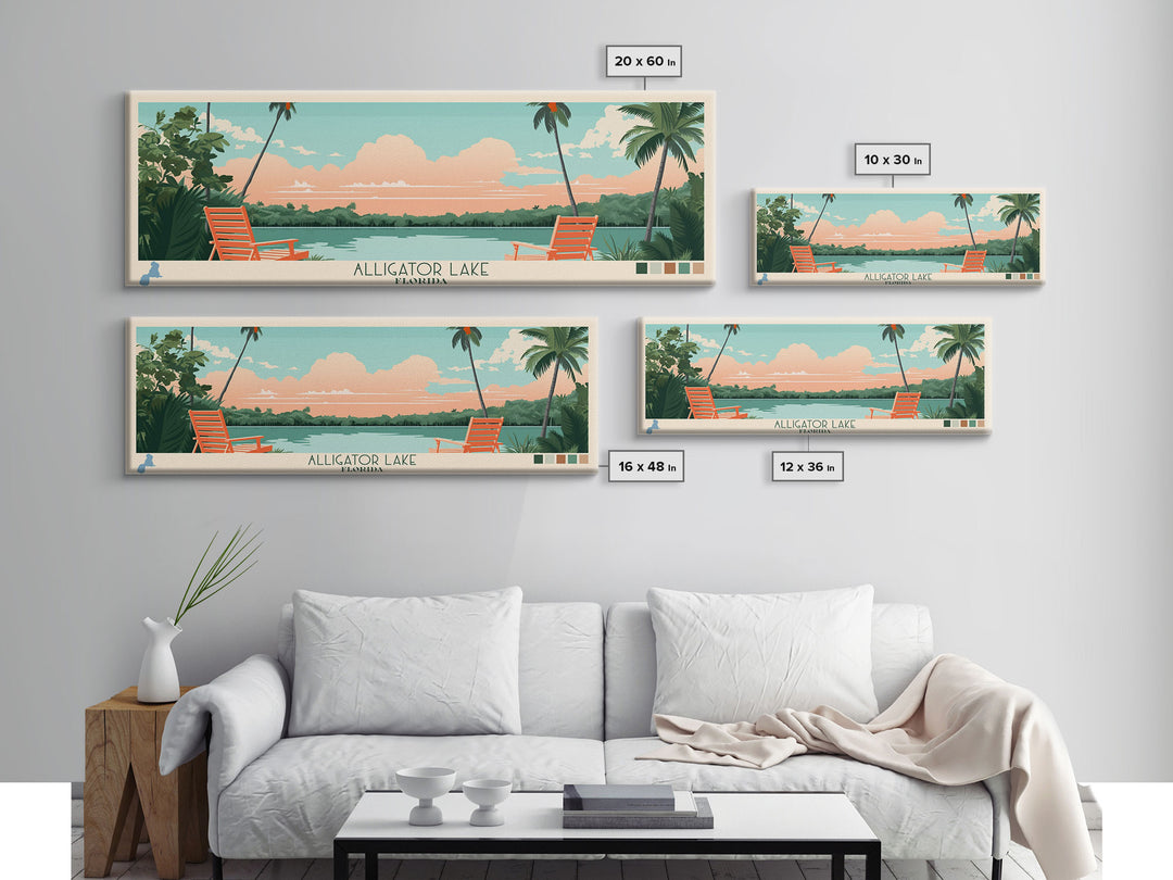 Alligator Lake Florida Framed Canvas Print, Panoramic Travel Poster, Pop Art, Midcentury Modern Wall Art, Scenic Bedroom Decor