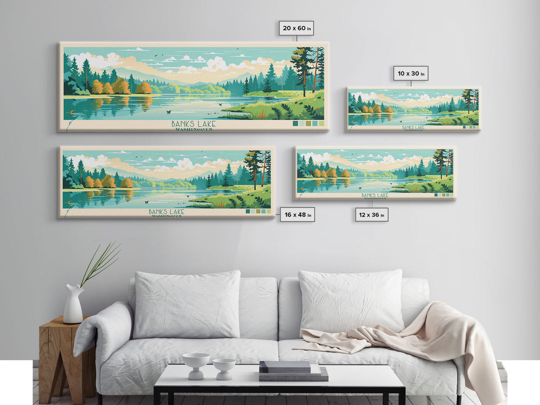 Banks Lake Washington Framed Canvas Print, Panoramic Wall Art, Midcentury Modern, Pop Art, Travel Poster, Scenic Lake House Art