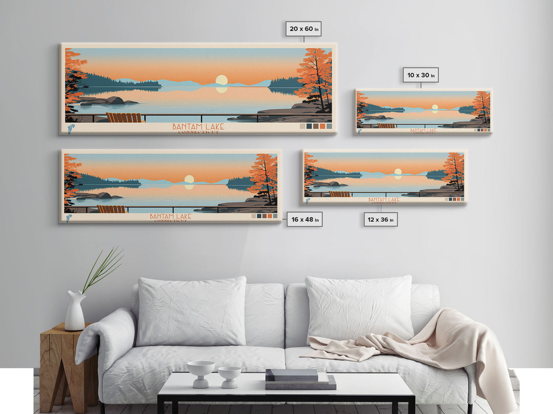 Bantam Lake Connecticut Framed Canvas Print, Panoramic Wall Art, Midcentury Modern, Pop Art, Travel Poster, Scenic Living Room Art