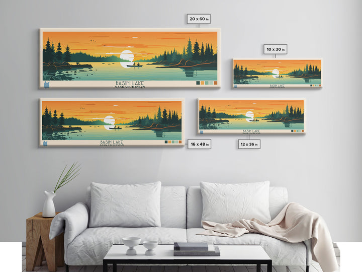 Basin Lake Saskatchewan Framed Canvas Print, Panoramic Wall Art, Midcentury Modern Lake House Decor, Pop Art, Travel Poster, Scenic Living Room Art