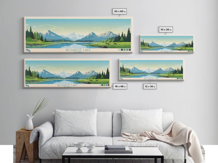 Becharof Lake Alaska Framed Canvas Print, Panoramic Travel Poster, Midcentury Modern Wall Art, Pop Art, Nature Bedroom Art, Living Room Decor