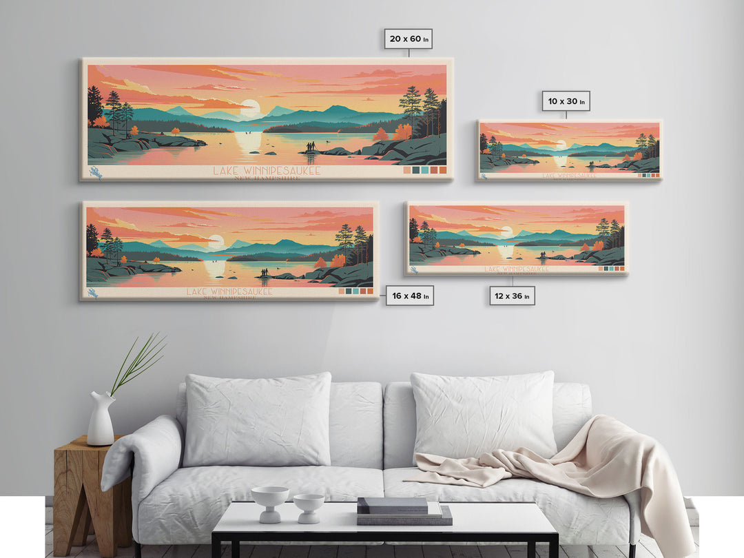 Lake Winnipesaukee, New Hampshire Panoramic Wall Art Framed Canvas Print, Midcentury Modern, Pop Art, Home Decor, Travel Poster, Living Room Art