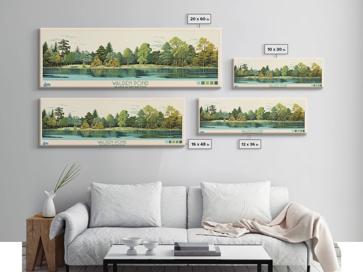 Walden Pond, Massachusetts Framed Canvas Print, Panoramic Lake House Decor, Midcentury Modern Art, Pop Art, Travel Poster, Bedroom Wall Art