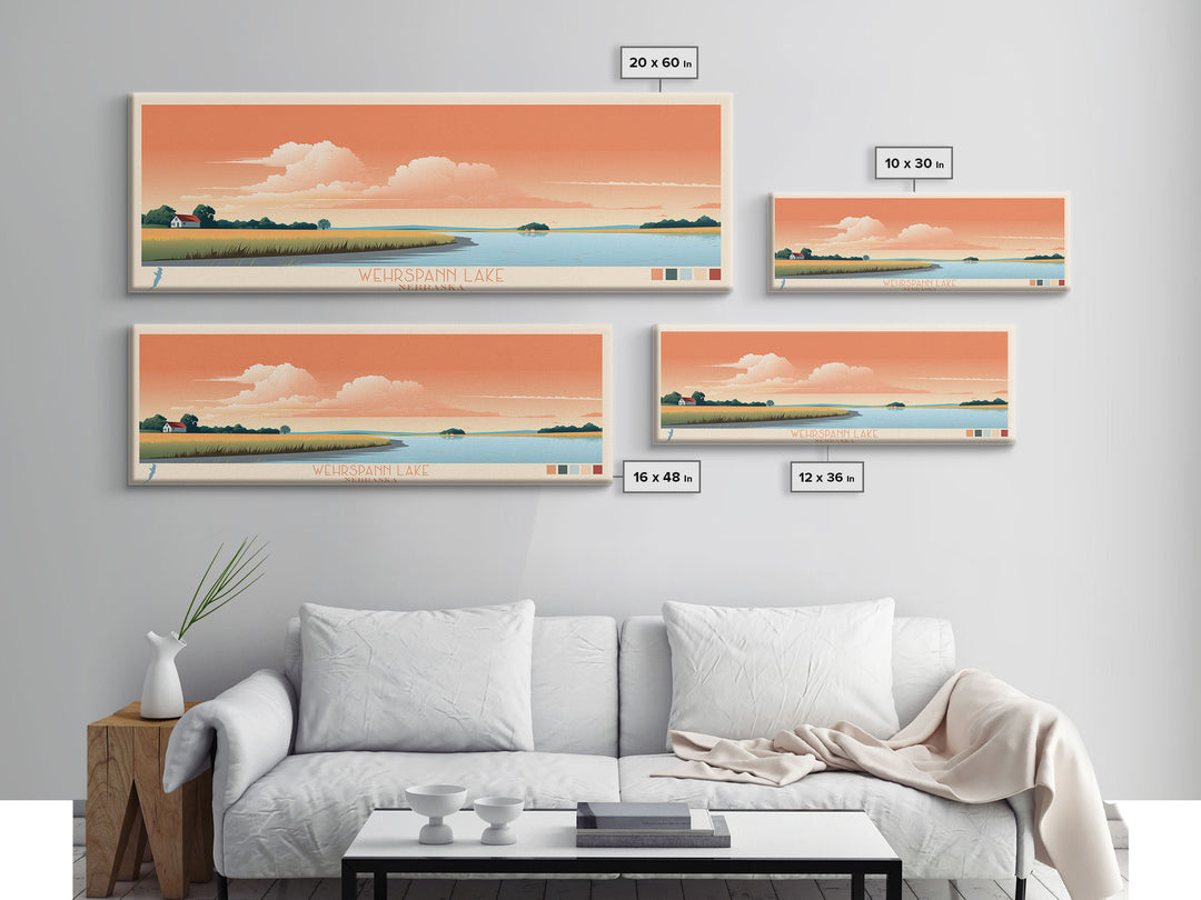 Wehrspann Lake, Nebraska Panoramic Framed Canvas Print, Midcentury Modern Art, Lake House Decor, Pop Art, Travel Poster, Bedroom Wall Art