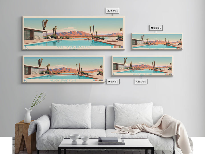 Willow Springs Lake, Arizona Panoramic Framed Canvas Print, Lake House Art, Midcentury Modern Decor, Pop Art, Travel Poster, Bedroom Wall Art