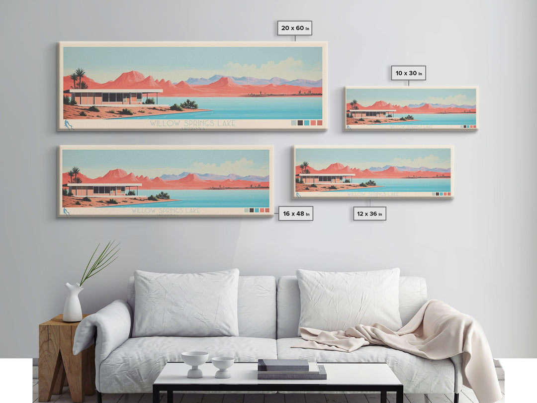 Willow Springs Lake, Arizona Panoramic Framed Canvas Print, Lake House Decor, Midcentury Modern Art, Pop Art, Travel Poster