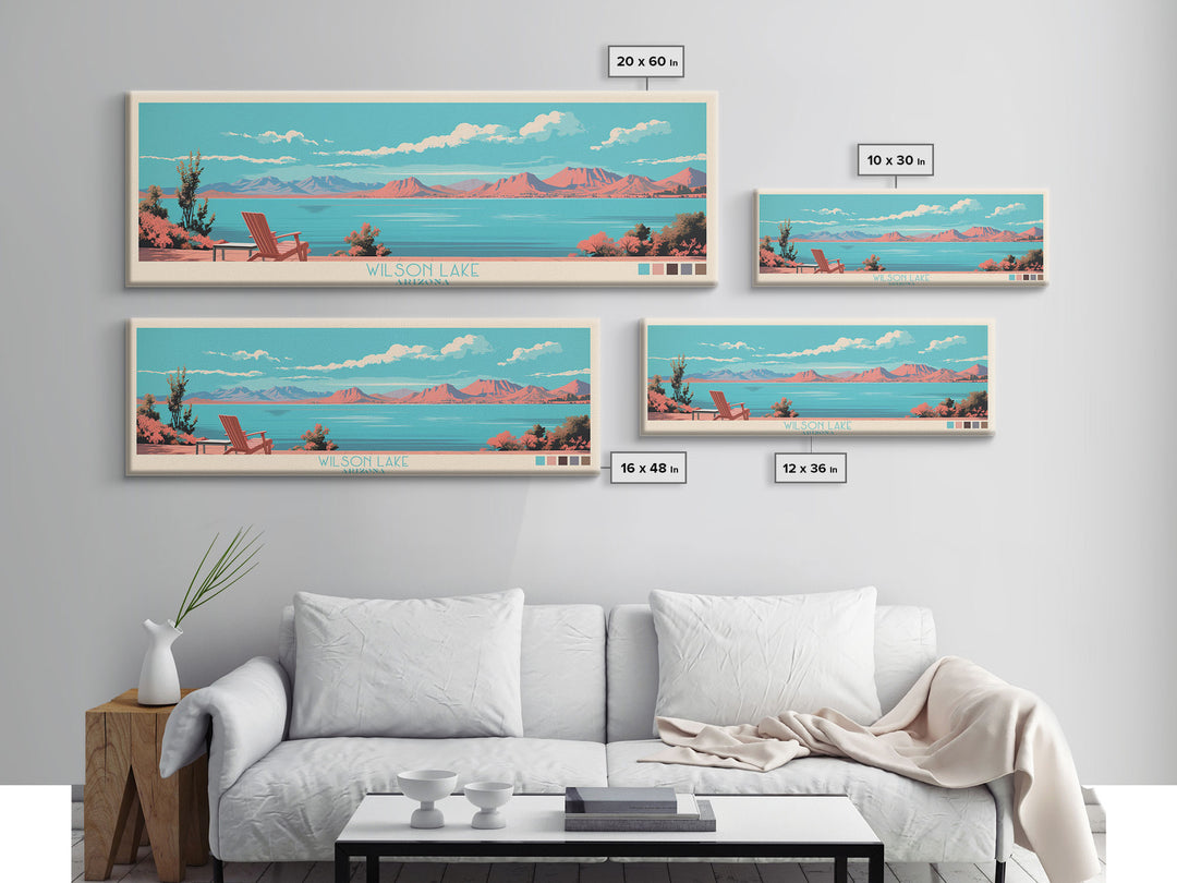 Wilson Lake, Arizona Framed Canvas Print, Panoramic Lake House Art, Midcentury Modern Decor, Pop Art, Travel Poster, Wall Art