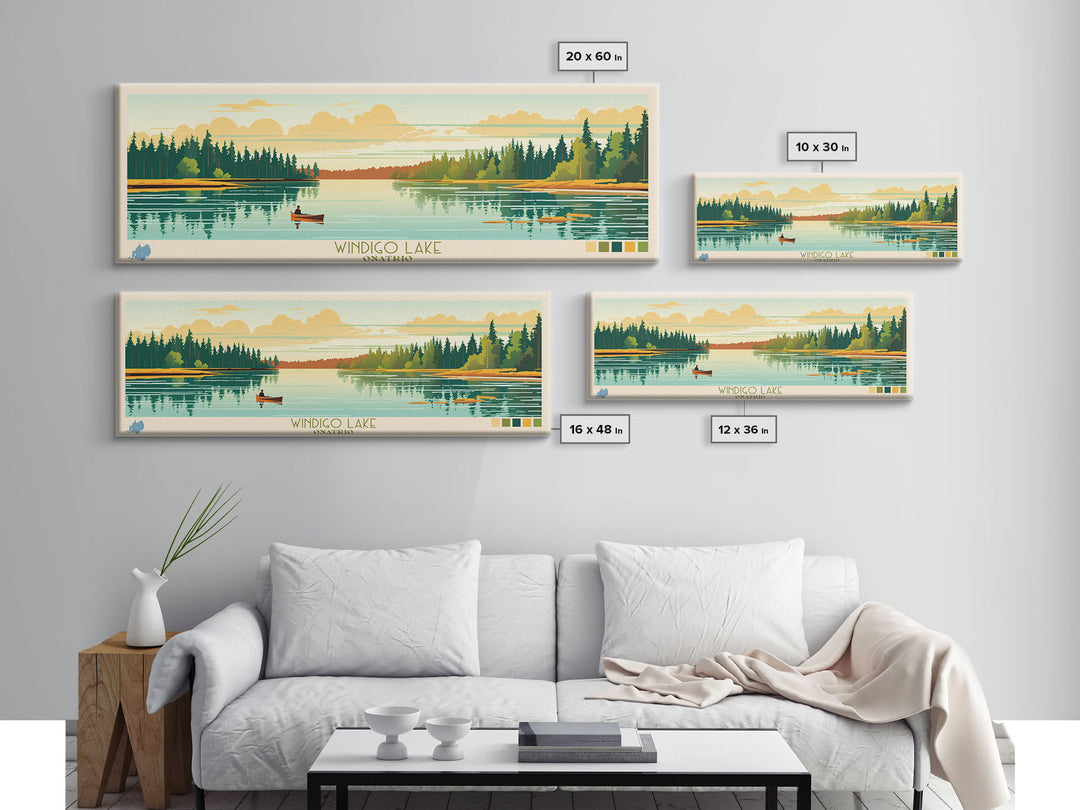 Windigo Lake, Ontario Panoramic Framed Canvas Print, Lake House Decor, Midcentury Modern Art, Pop Art, Travel Poster