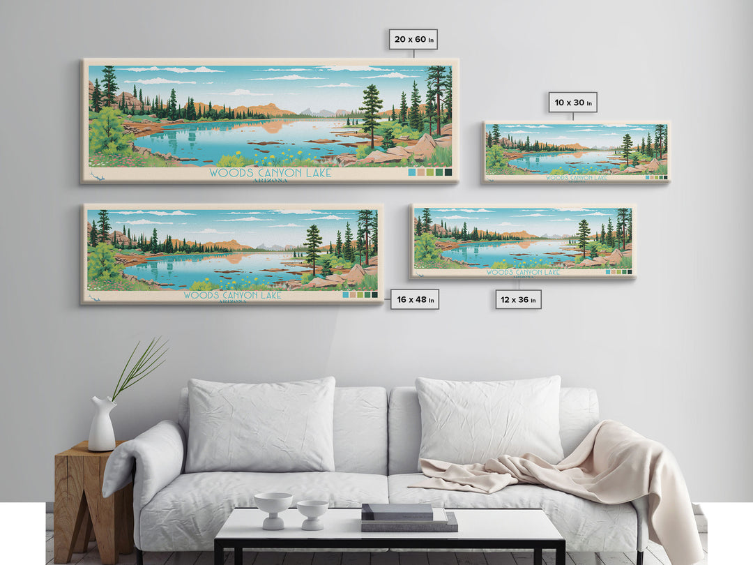 Woods Canyon Lake, Arizona Panoramic Framed Canvas Print, Lake House Art, Midcentury Modern Decor, Pop Art, Travel Poster