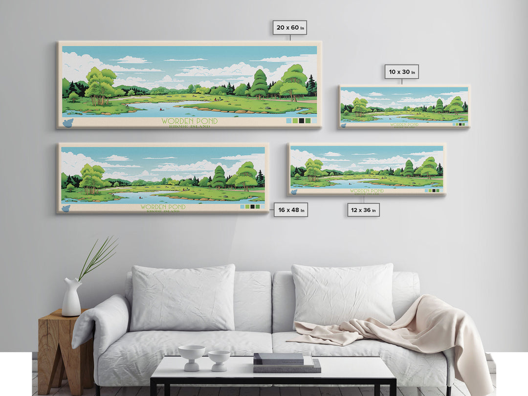 Worden Pond, Rhode Island Framed Canvas Print, Panoramic Lake House Decor, Midcentury Modern Art, Pop Art, Travel Poster