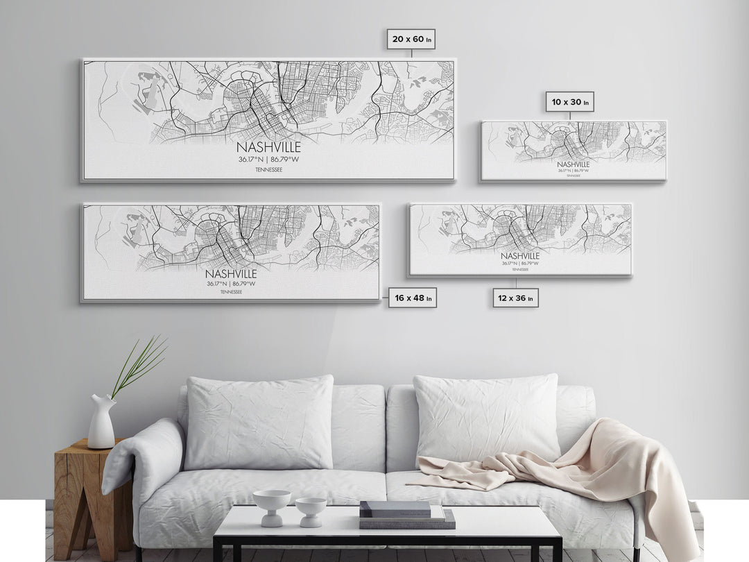 Panoramic Nashville City Map, Tennessee Art, Map Print, Minimalist Wall Art, Canvas Art, Housewarming Gift, Street Map Art, Closing Gift