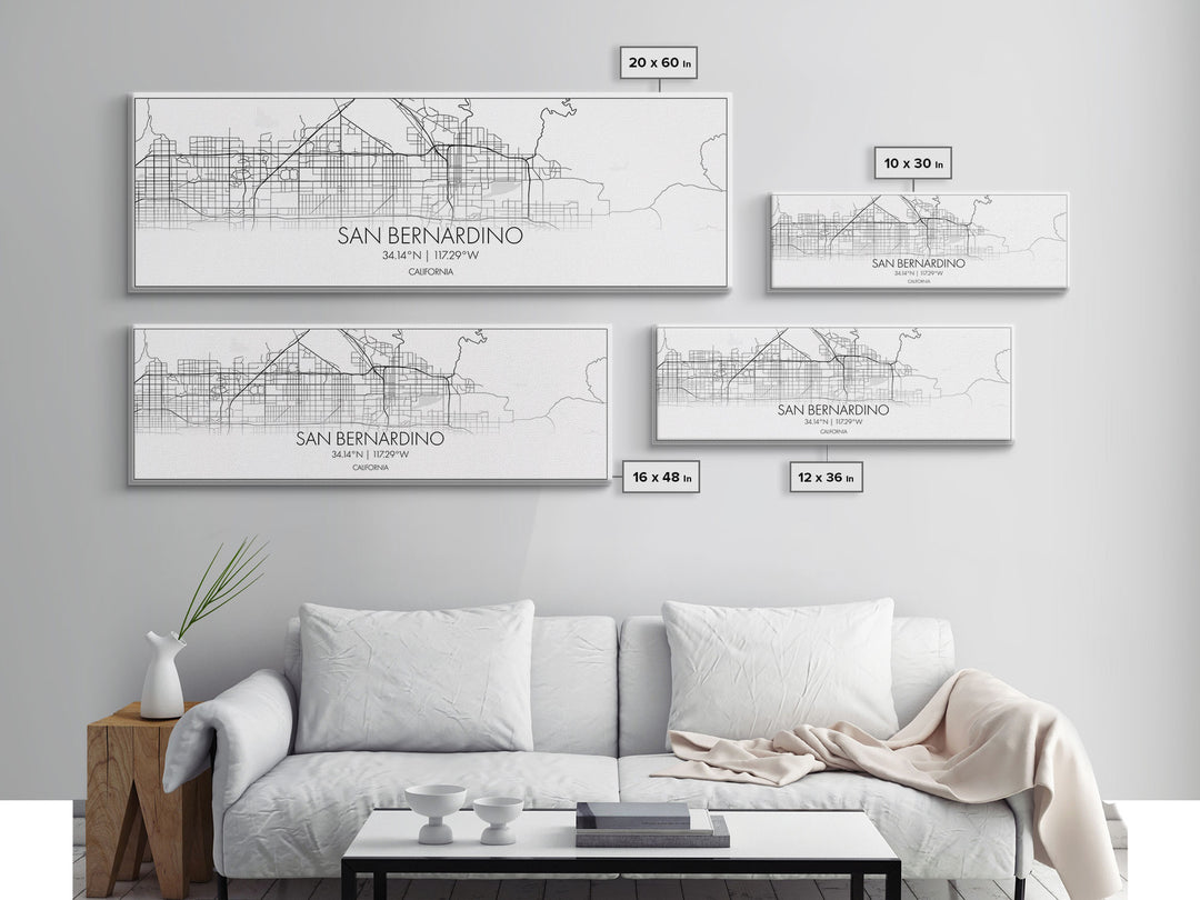 Panoramic San Bernardino City Map, California Art, Map Print, Minimalist Wall Art, Canvas Art, Housewarming Gift, Street Map, Closing Gift