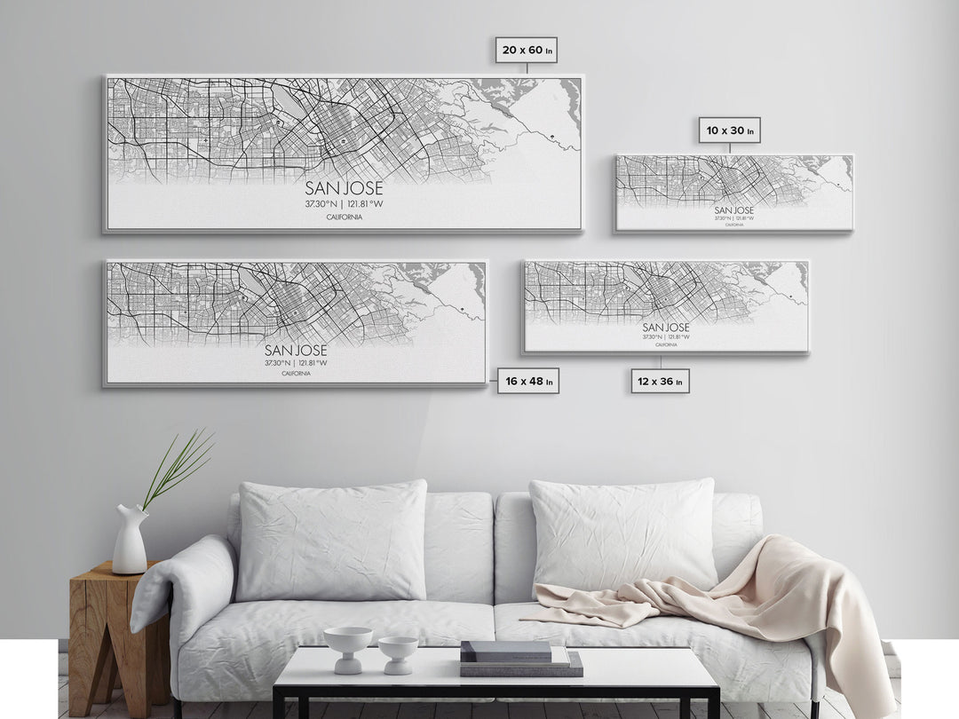 Panoramic San Jose City Map, California Art, Map Print, Minimalist Wall Art, Canvas Art, Housewarming Gift, Street Map Art, Closing Gift